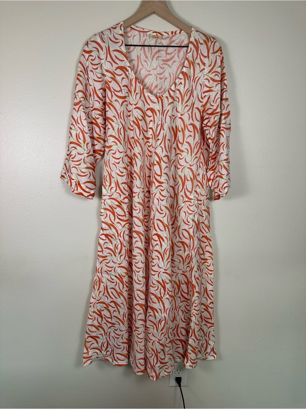 LUISELLE Italy Linen Scoop Neck 3/4 Sleeve Thai Peppers Funky Printed Midi Dress